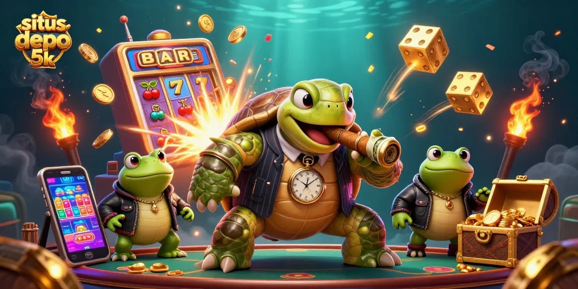 Engage in excitement with situs depo 5k as a turtle gang celebrates big wins at a slot machine.