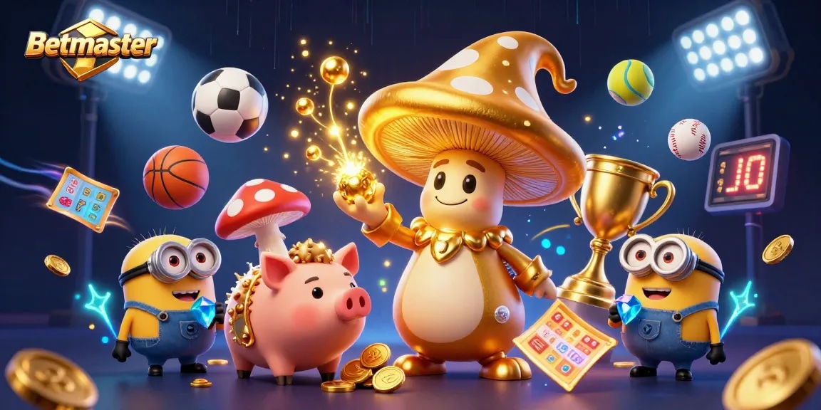 Betmaster game scene with a magical golden mushroom wizard and sports elements, showcasing vibrant casino energy.