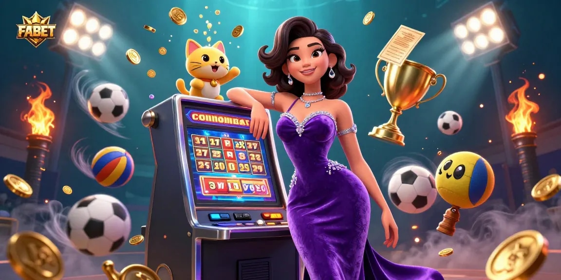 Experience thrill at FABET with a glamorous jackpot scene featuring a lucky woman and fortune cat.