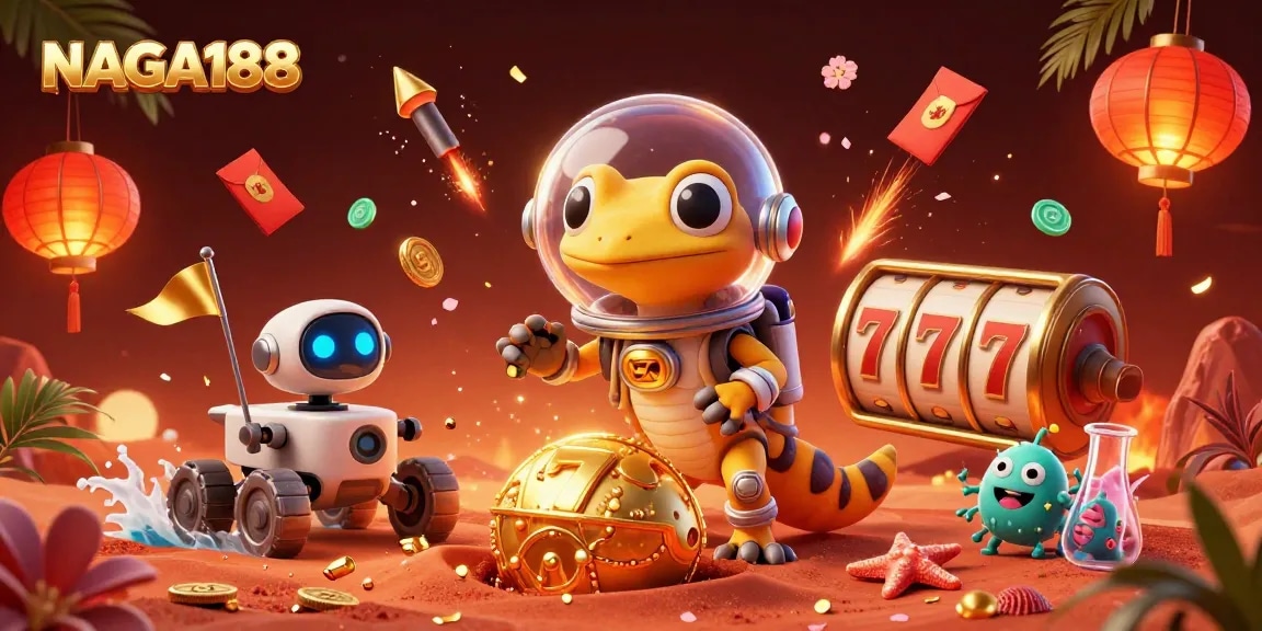 NAGA188 mempersembahkan ilustrasi kasino dengan gecko Mars dan robot, dikelilingi simbol slot dan koin emas.