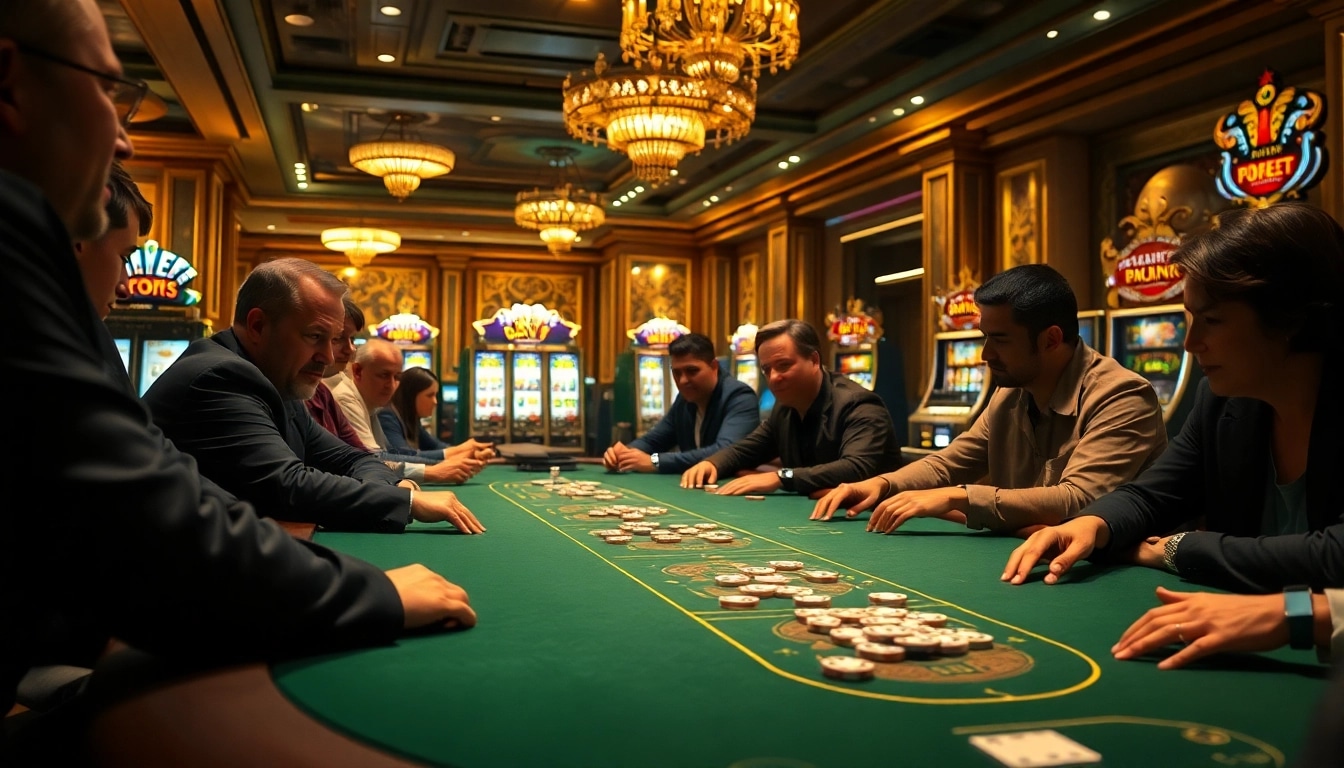 Erleben Sie Casinospielen am Poker-Tisch mit spannenden Spielern in einem eleganten Casino-Ambiente.