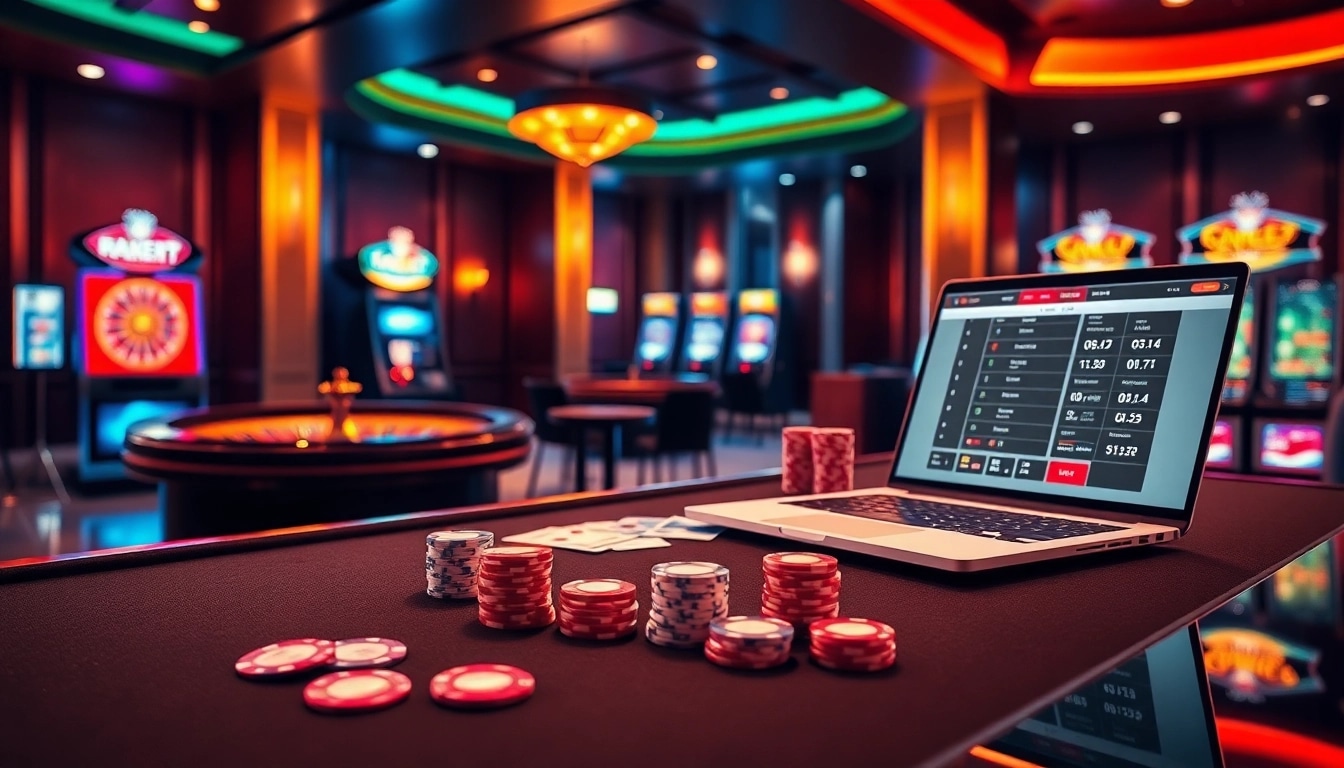 Engage in the excitement of Betting Online Now with a luxurious casino scene featuring poker, roulette, and digital betting.