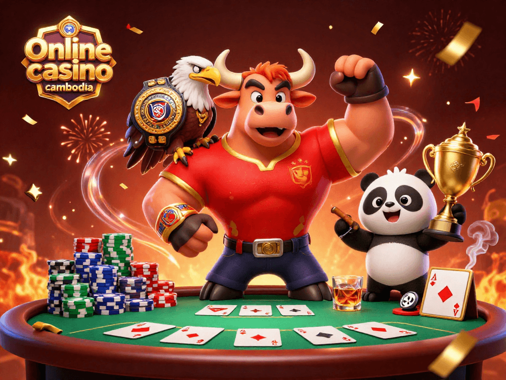 Win big at Online casino cambodia with a vibrant gaming experience illustrated by a victorious bull, eagle, and panda.