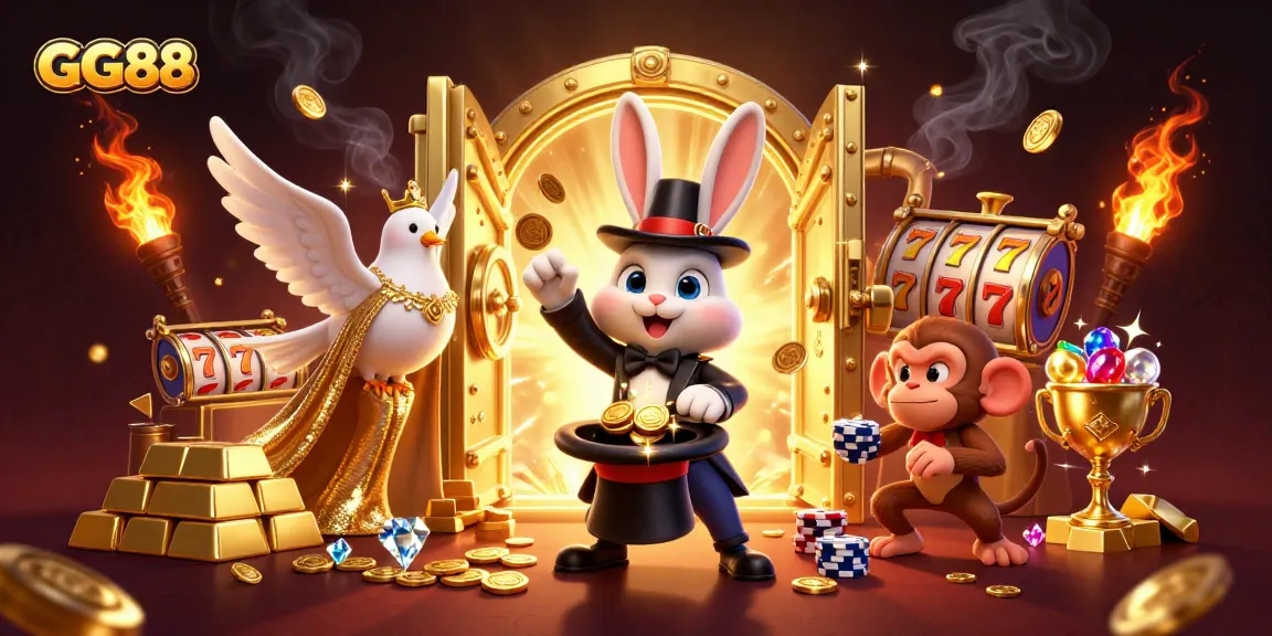 Win at GG88's vibrant casino with a magician rabbit, dove, and monkey surrounded by gaming treasures.
