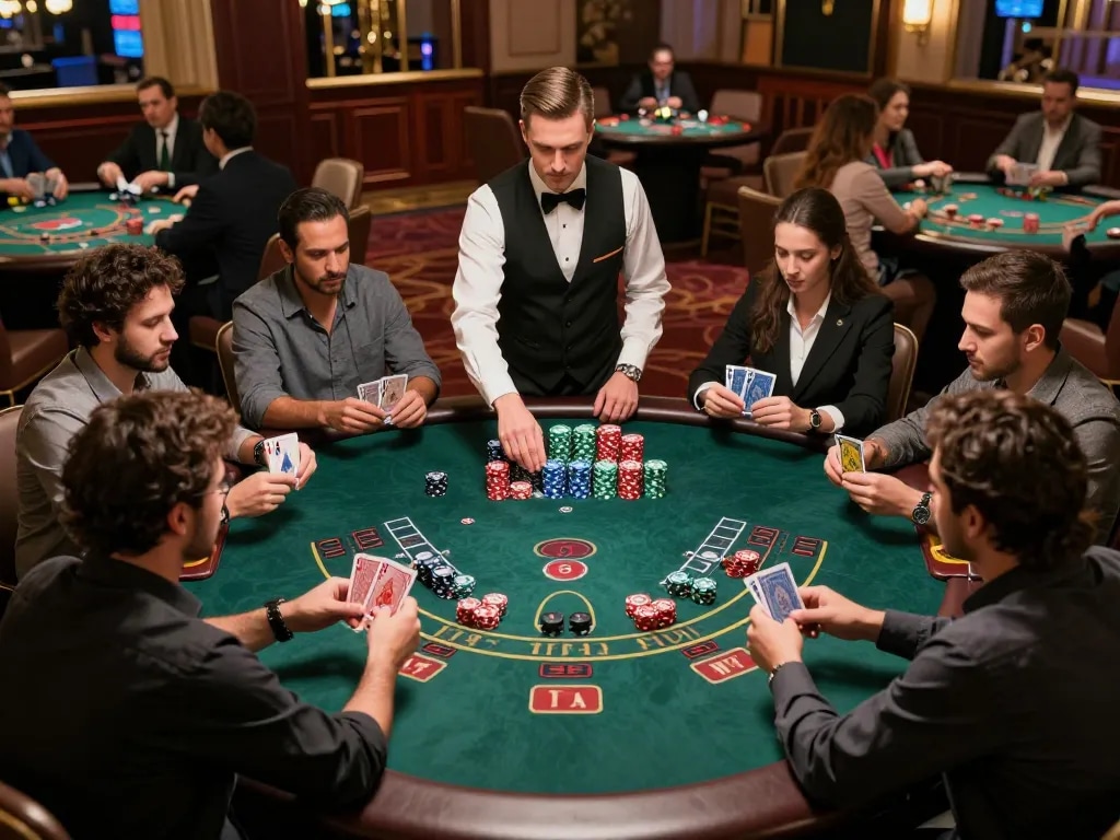 hubet players strategizing their moves at an intense blackjack table in a luxurious casino