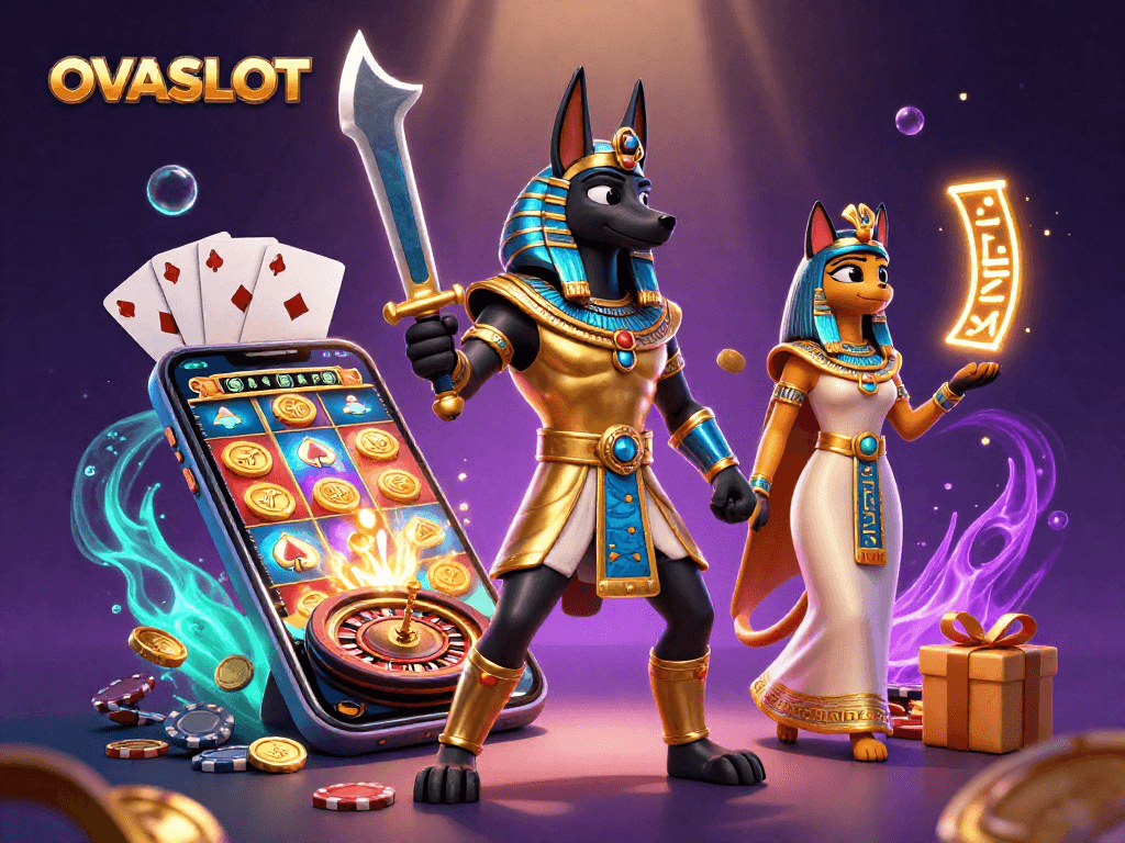 Spin the colorful reels of OVASLOT with Anubis and Bastet amidst radiant gold symbols.