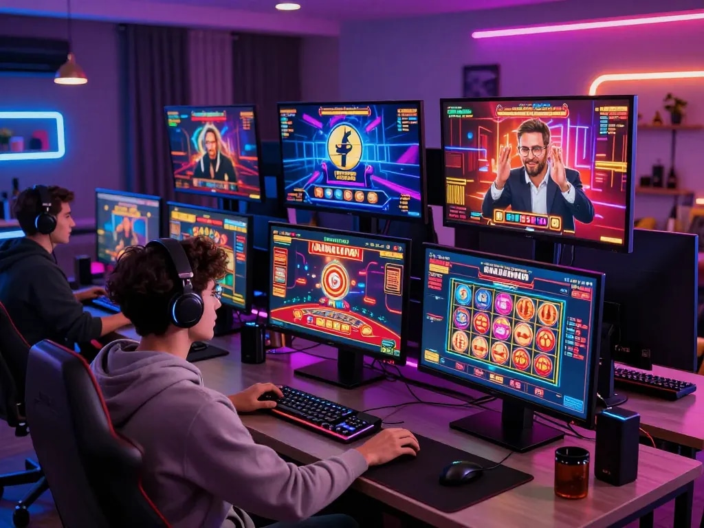 Engaged gamer enjoying online betting experience at 88aa with multiple screens showcasing live games and vibrant graphics.