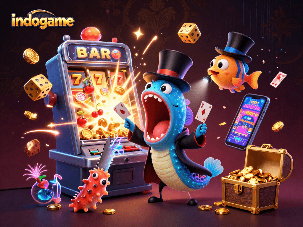 Join indogame's excitement with a colorful casino scene featuring slot machines and magical sea creatures.
