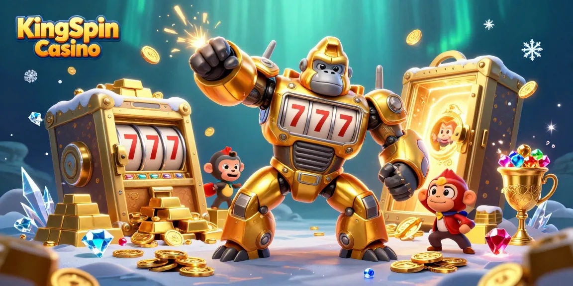 Fedezd fel a KingSpin Casino izgalmait, miközben a 3D arany gorilla gép játékgép részeiből áll, kincseket osztogatva.