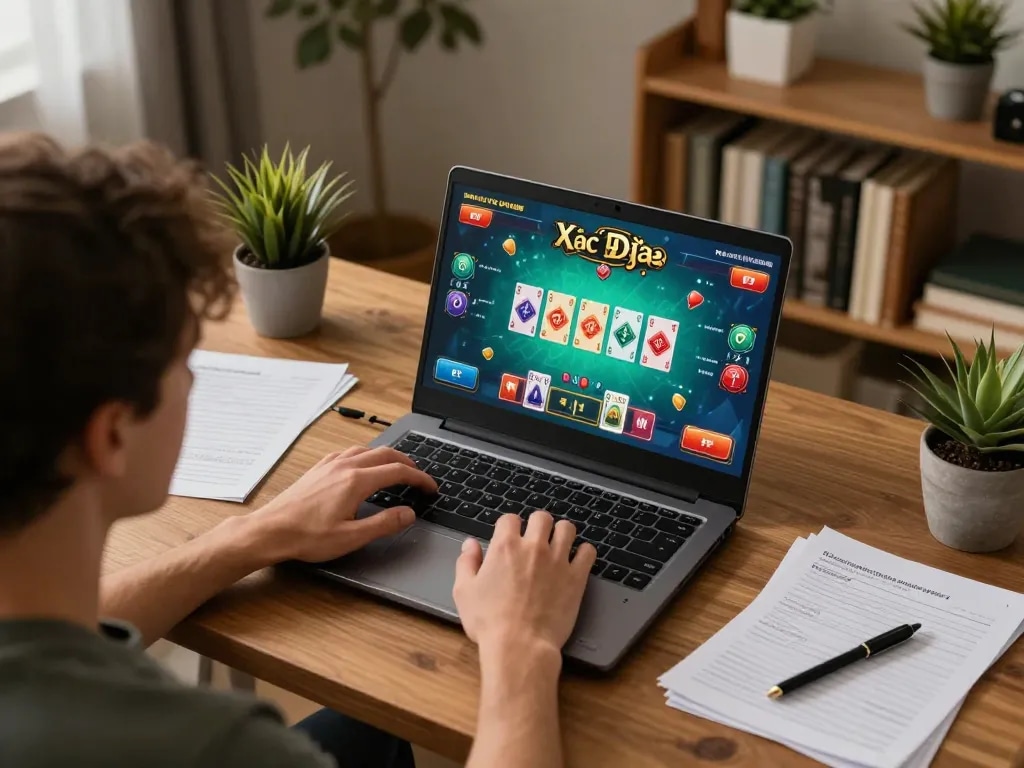 Xóc Đĩa online gameplay in a cozy home office with vibrant graphics