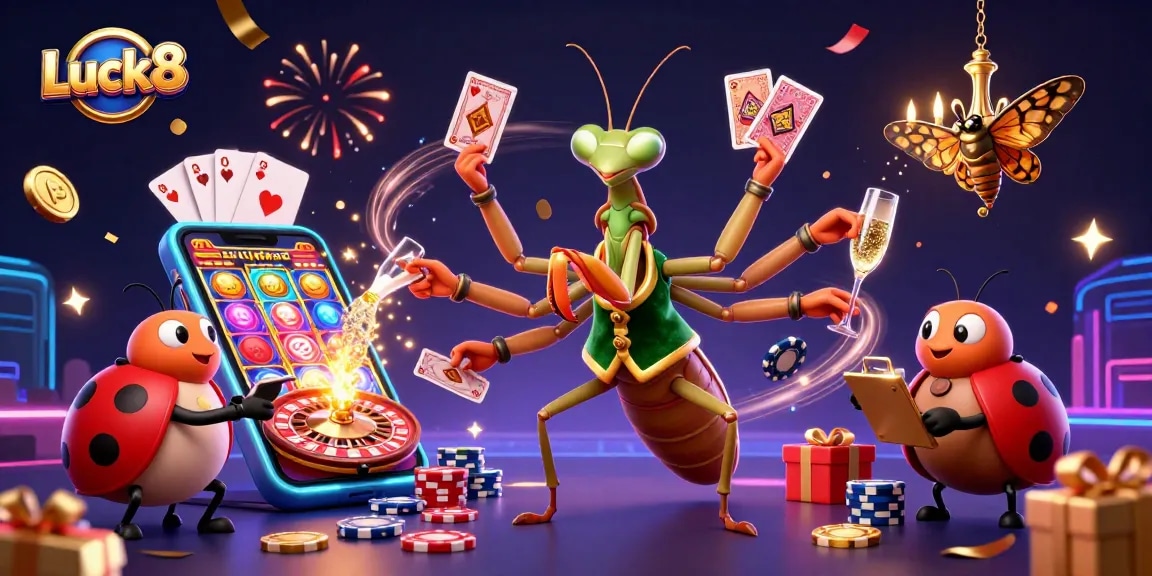 Win big with Luck8 in this vibrant 3D casino scene featuring a giant mantis dealer and more!
