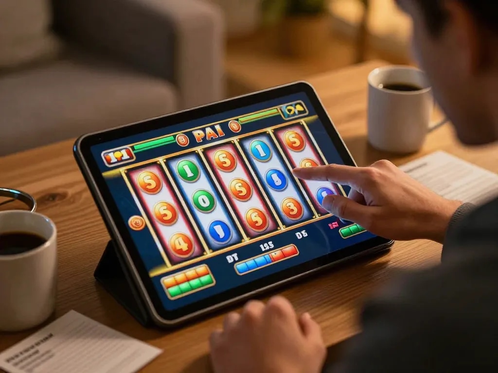 Engaging gameplay of slot gacor on a tablet with vibrant reels, inviting gaming atmosphere.