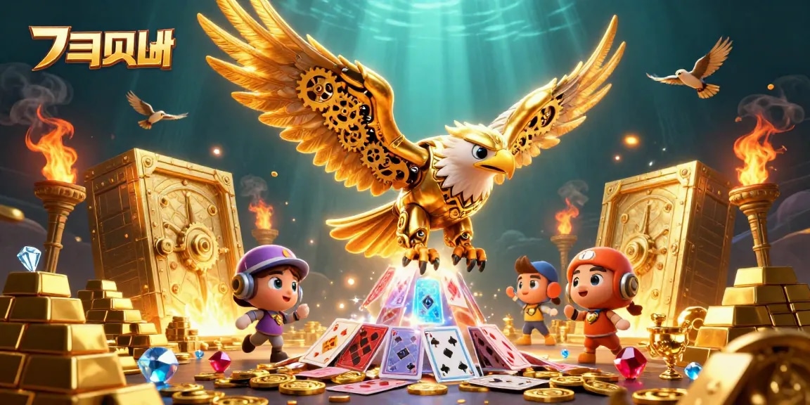 Explore แทงบอล action with cybernetic eagle amidst gold treasures and vibrant cards.