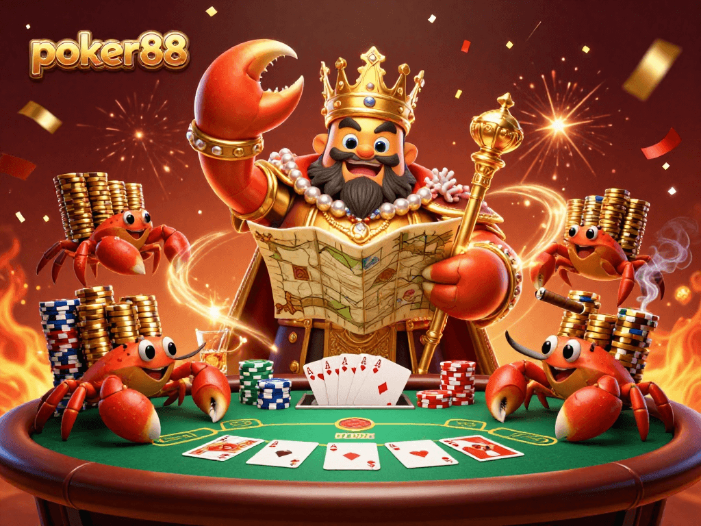 Menangkan poker88 dengan ilustrasi kaisar kepiting emas dan permainan poker yang menarik.