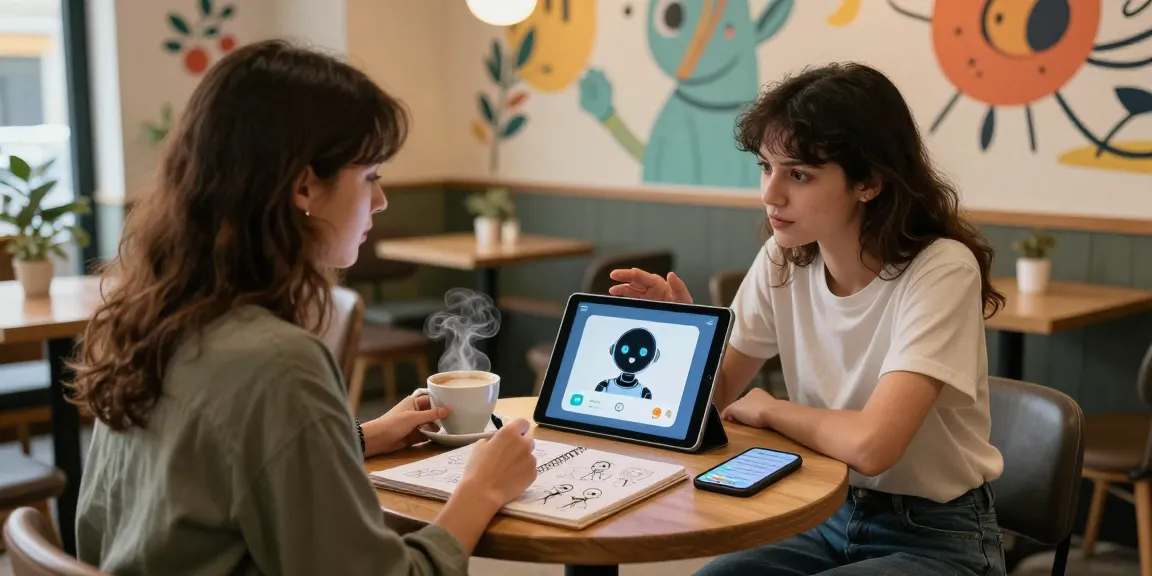 AI girlfriend interaction in a cozy café with tablet and sketches.