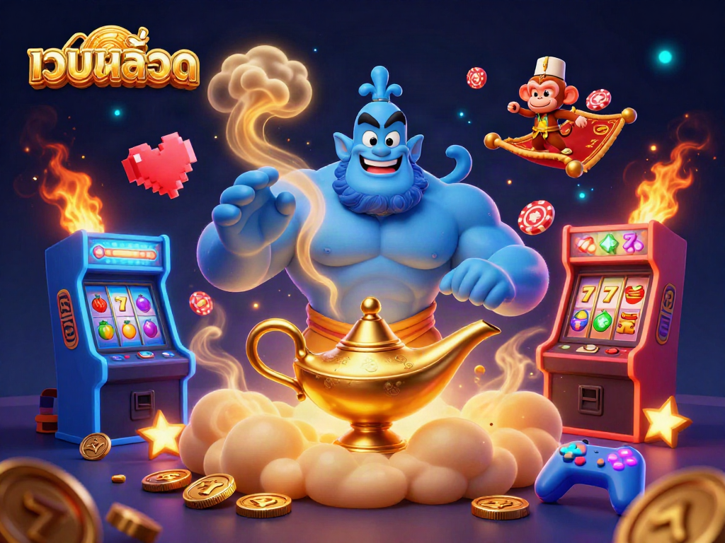 Engage with exciting เว็บสล็อต experiences in a vibrant 3D casino scene featuring a blue genie and poker chips.