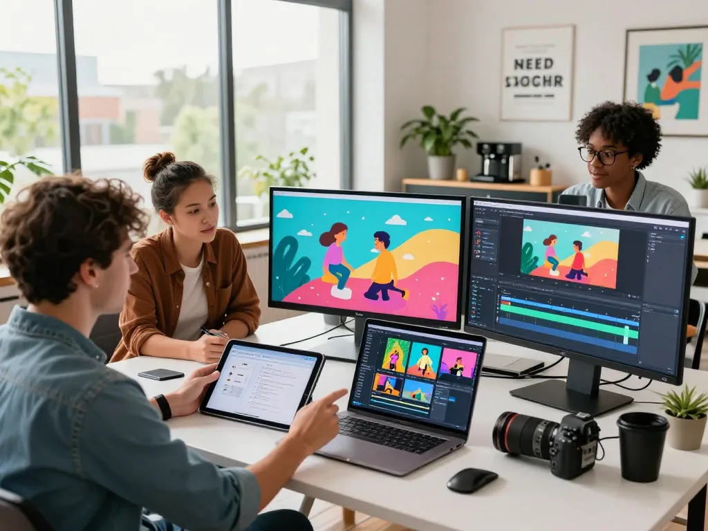 Seedance 2.0 team collaborating in a modern digital workspace for video generation