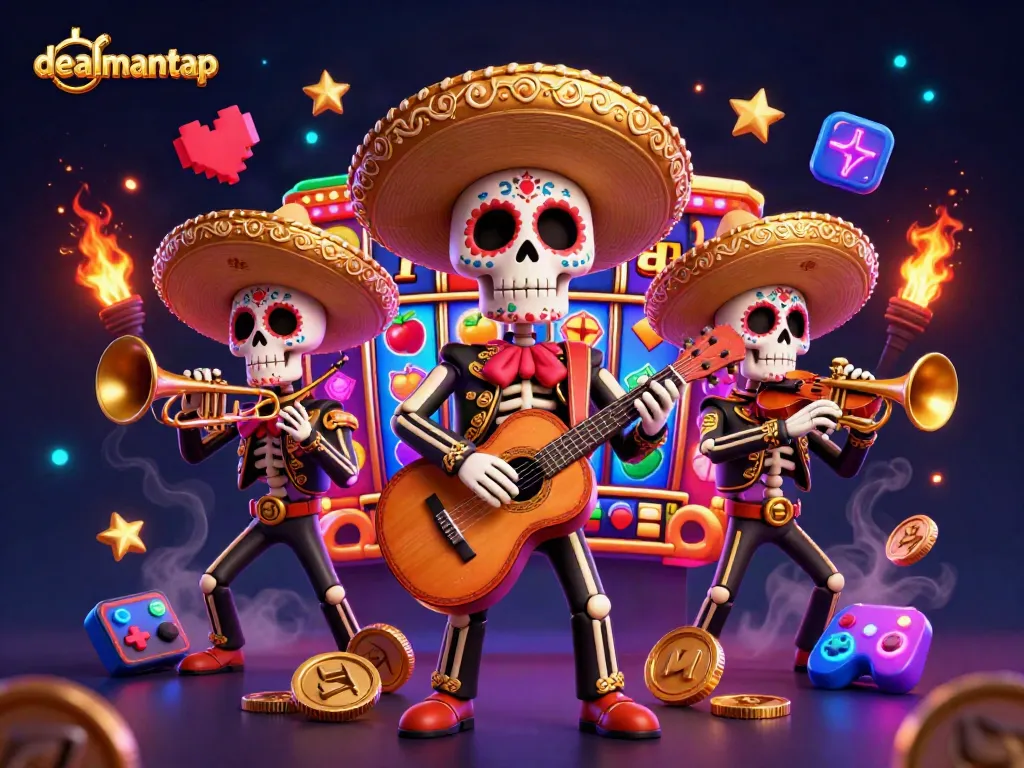 Engage in exciting gameplay at dealmantap with vibrant slot reels and mariachi characters.