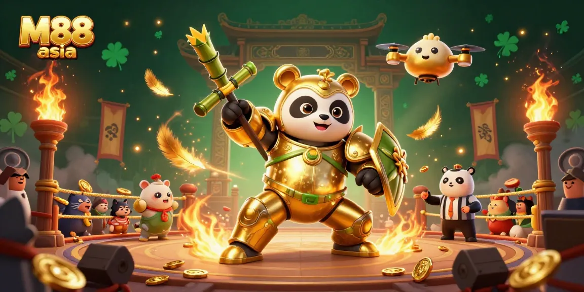 M88 asia showcases an energetic scene with a golden panda robot in a lively betting arena.