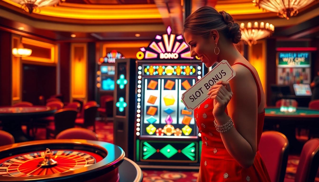 Player celebrating a slot bonus win at a luxurious casino slot machine.