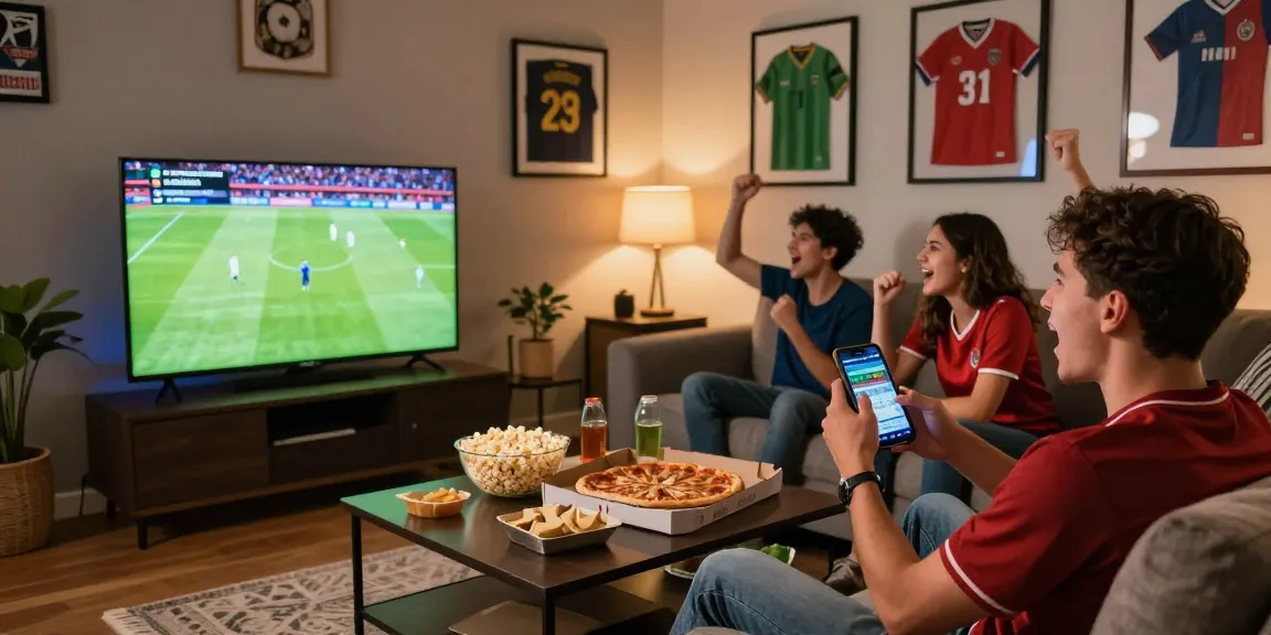 Exciting sports gathering with friends watching ihdsports live match, energetic atmosphere filled with snacks.