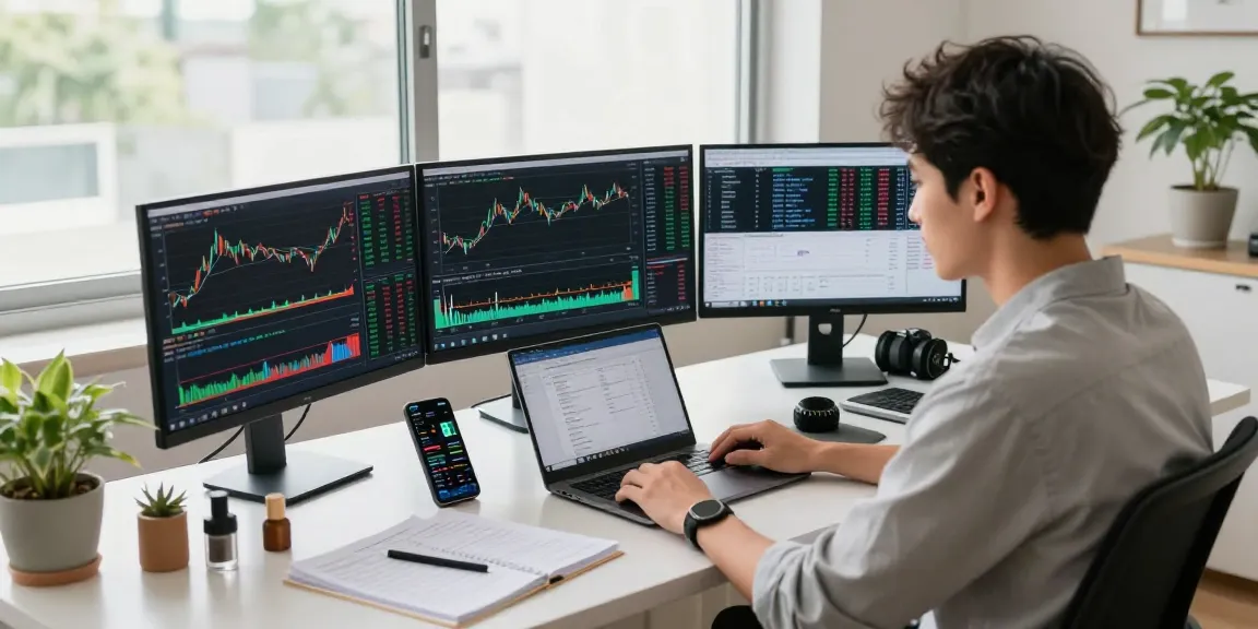 Traders melakukan analisis mendalam di workstation dengan fokus, kakakjudi, dan menggunakan beberapa layar untuk trading.