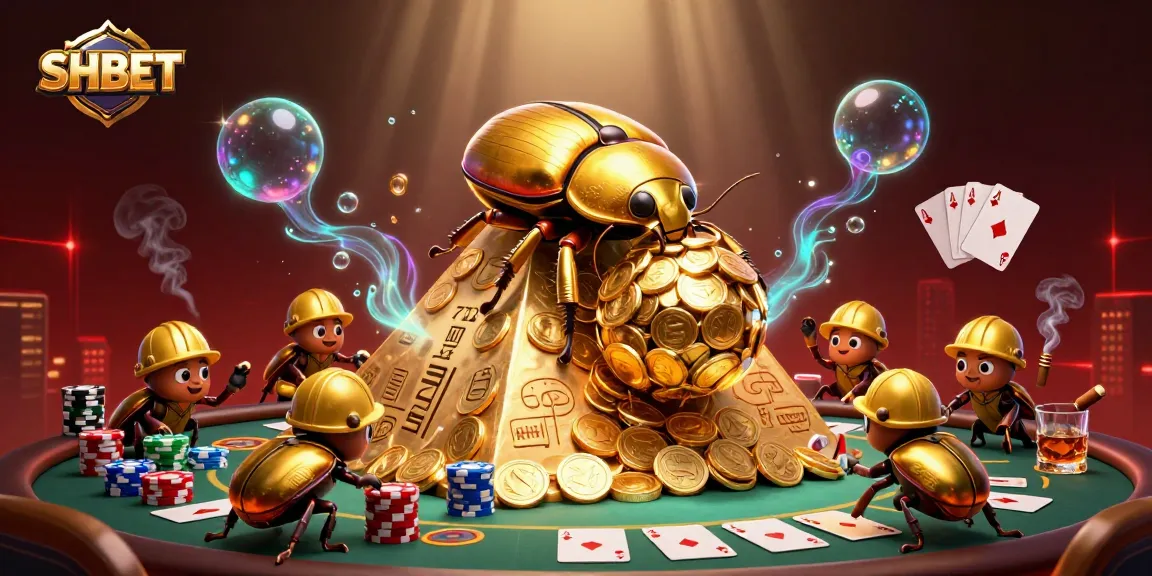 SHBET offers an exciting casino experience with golden beetles rolling coins in a vibrant 3D scene.