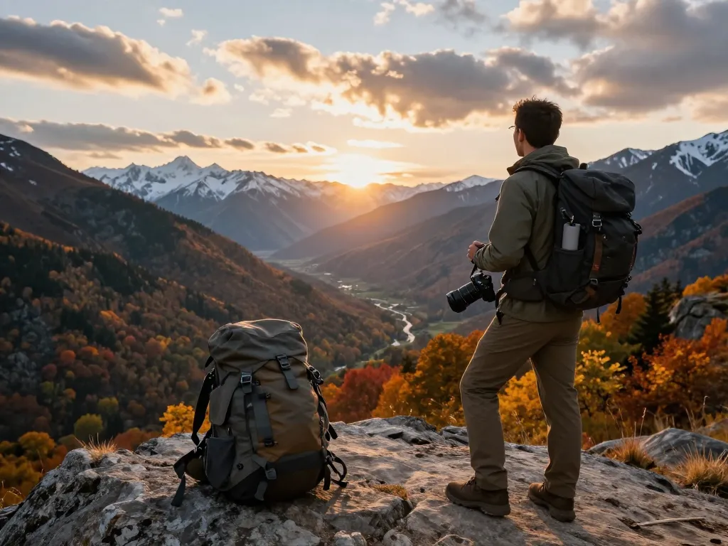 Traveler at sunset overlooking valley view, showcasing outdoor adventure spirit by https://www.hotel-restaurant-megeve.com/fr/.