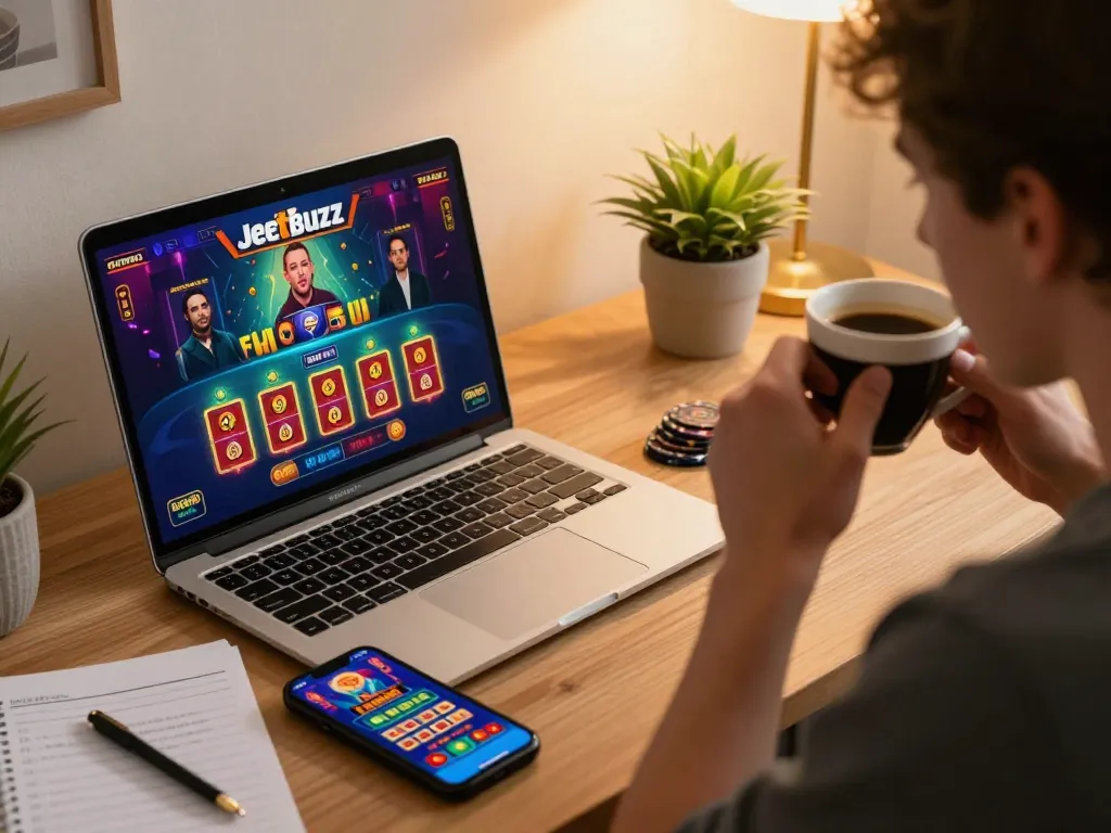 Engaged player using Jeetbuzz for online casino gaming at home, focused on live dealer interface.