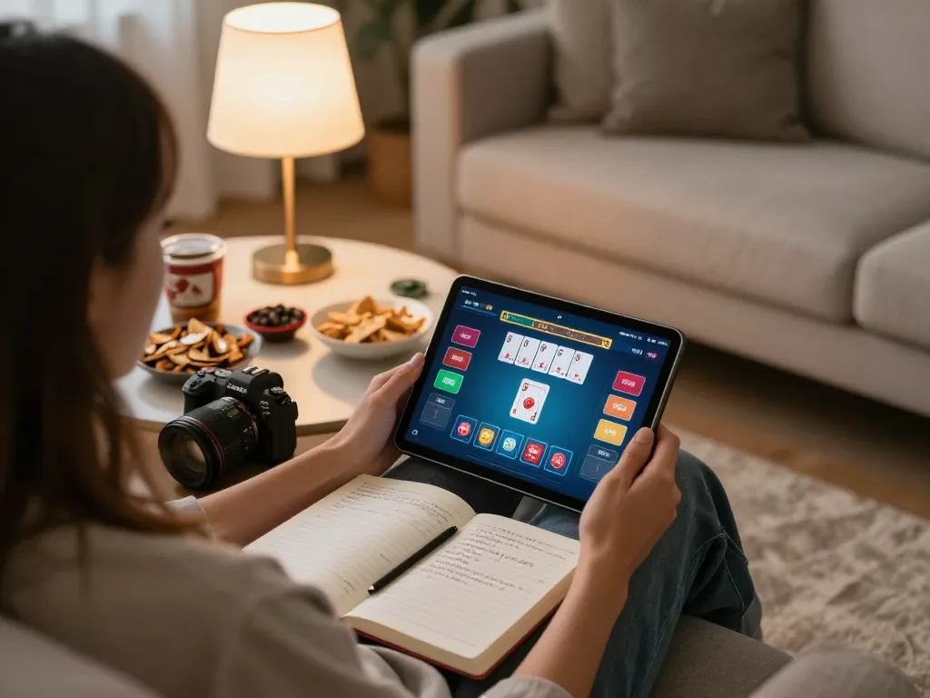 Playing online poker at home with 123bmvp casino app, showing a tablet screen and betting notes