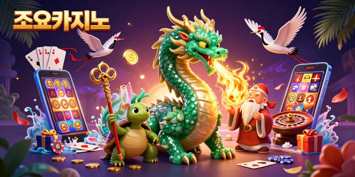 Experience the excitement with 조이카지노 in this vibrant casino scene featuring dragons, turtles, and 3D gaming.