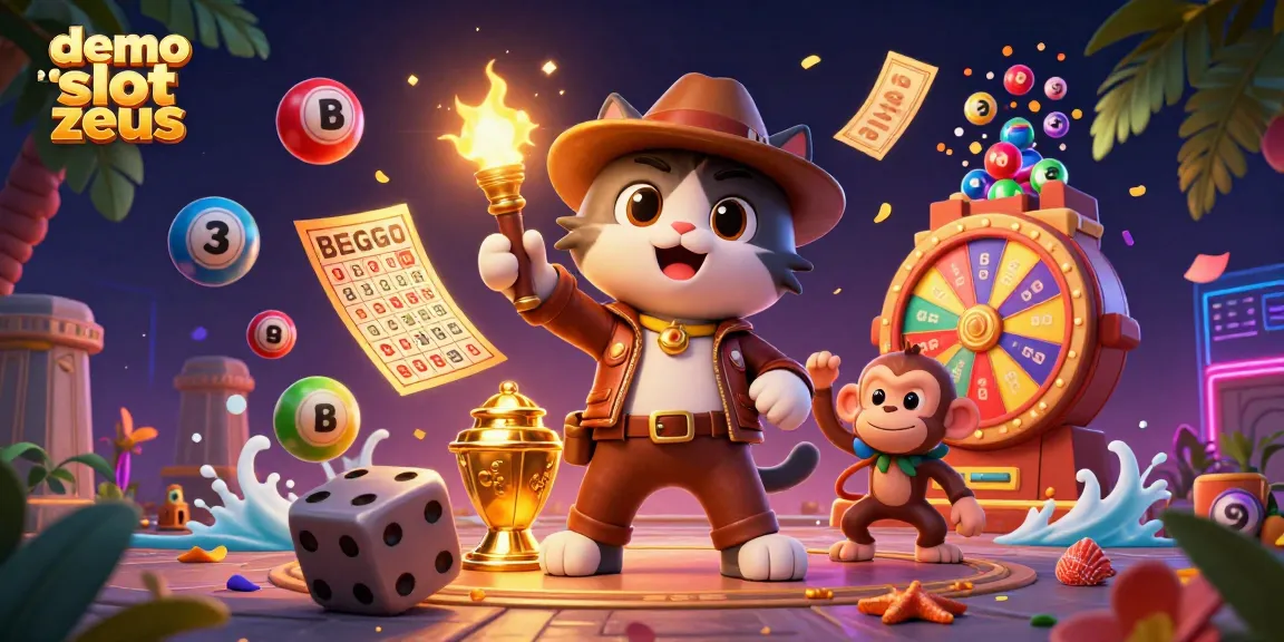 Engage with demo slot zeus in an exciting 3D adventure featuring a cat explorer and monkey in a casino-themed setting.