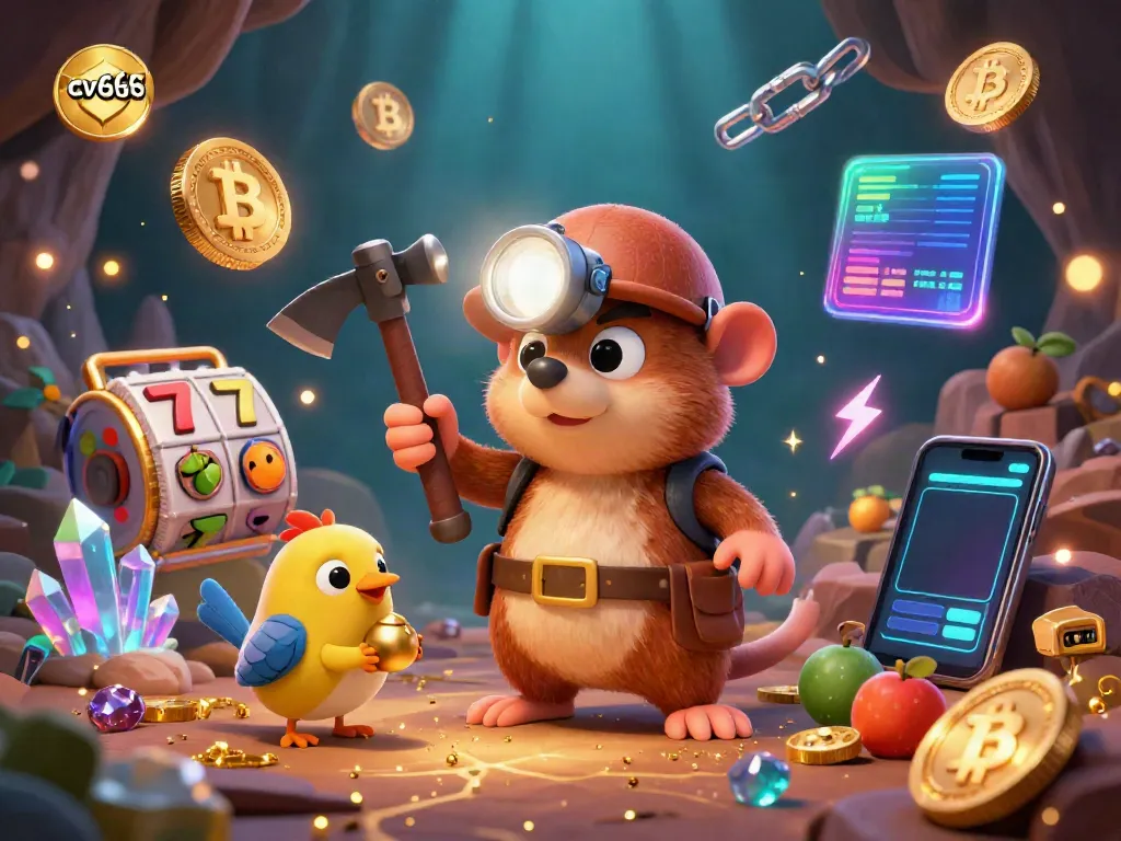 Experience the thrill of cv666 with a vibrant slot machine scene featuring treasure hunting and crypto elements.