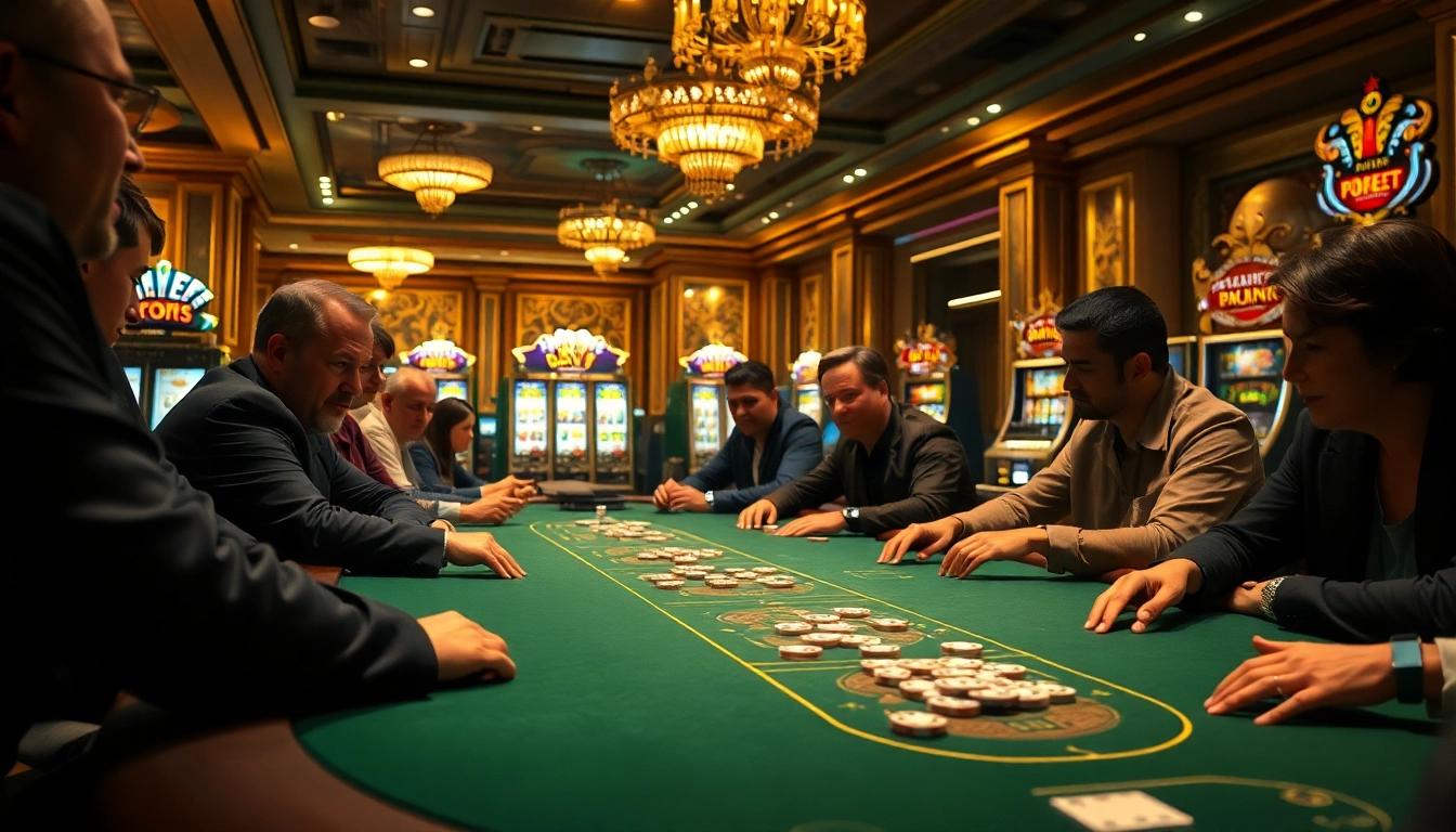 Erleben Sie Casinospielen am Poker-Tisch mit spannenden Spielern in einem eleganten Casino-Ambiente.