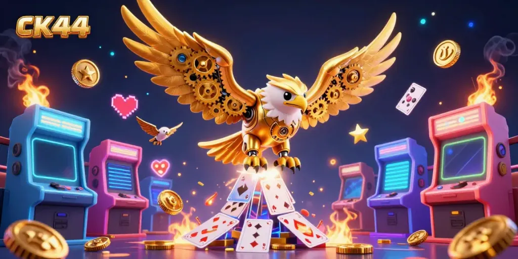 Engage with ck44's vibrant gaming world, featuring a cybernetic eagle and holographic cards.