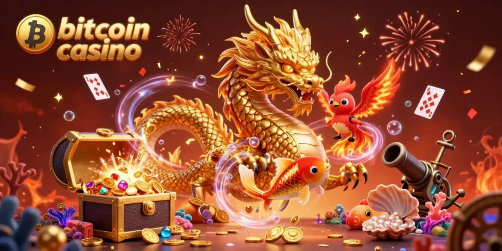 Engage in thrilling gameplay at the bitcoin casino with a majestic dragon, phoenix, and koi fish.
