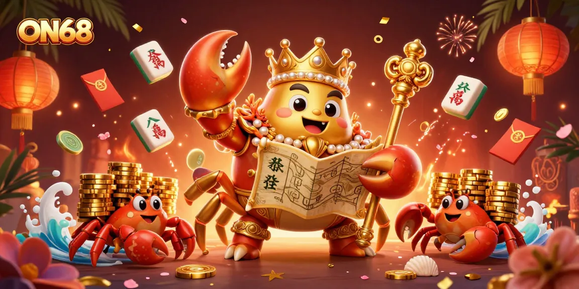 Experience top-tier gaming at ON68 with a dynamic 3D illustration featuring a golden crab emperor and vibrant casino elements.