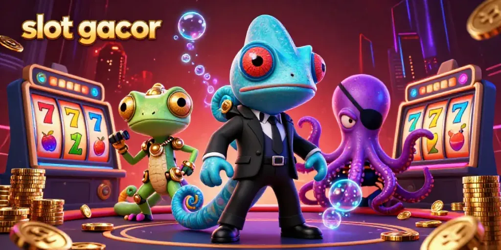Engage in the world of slot gacor with vibrant characters amid slot reels and golden jackpot counters.