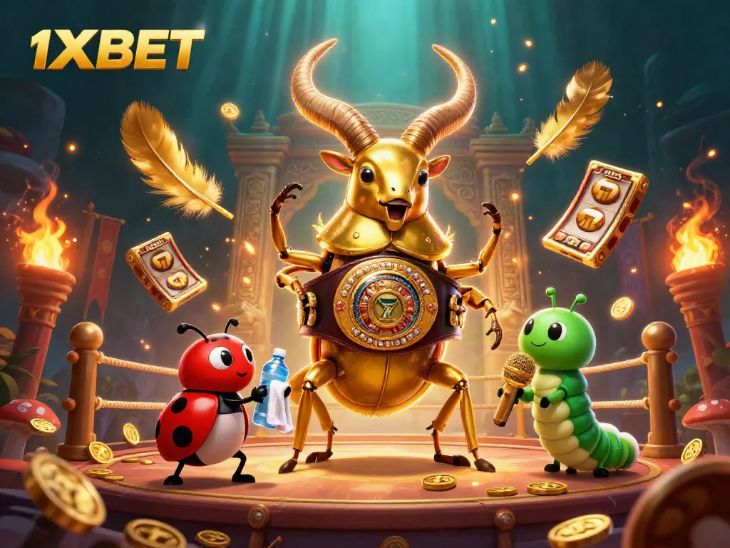 Experience exhilarating gaming excitement with 1XBET’s captivating scene of a giant golden stag beetle in battle.