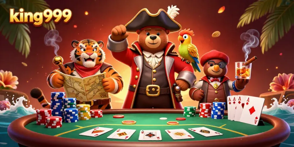 Gambar king999 menunjukkan beruang kapten bajak laut dan macan harimau di meja poker.