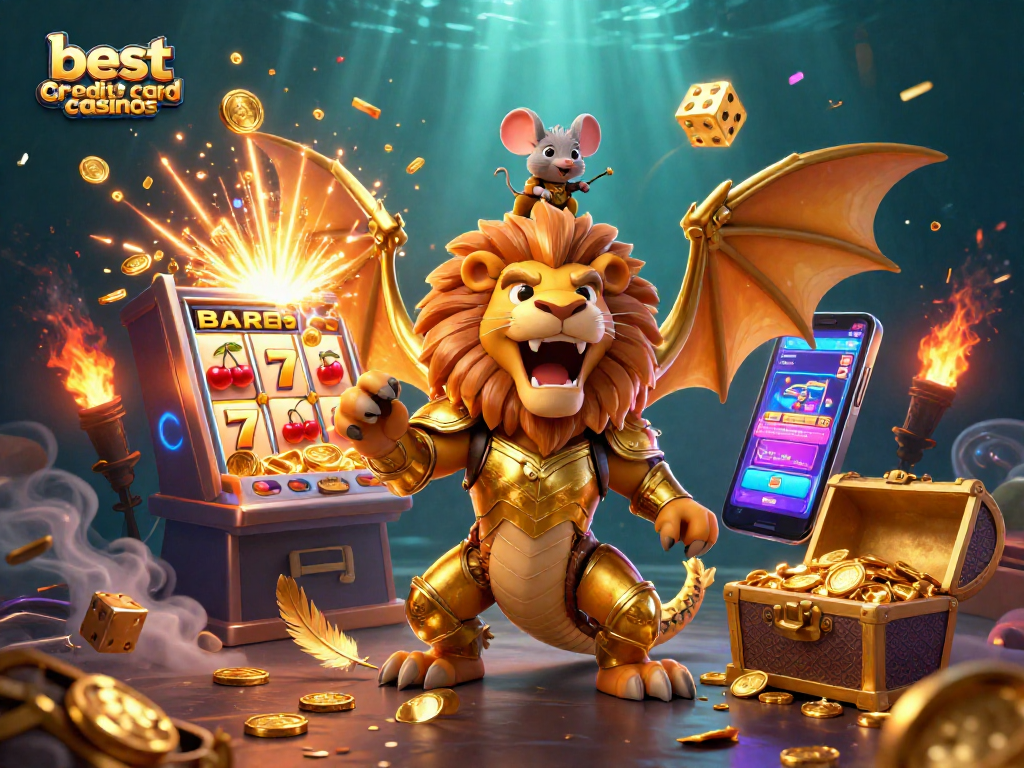 Experience the thrill with the best credit card casinos featuring vibrant scenes, slot machines, and dynamic game elements.
