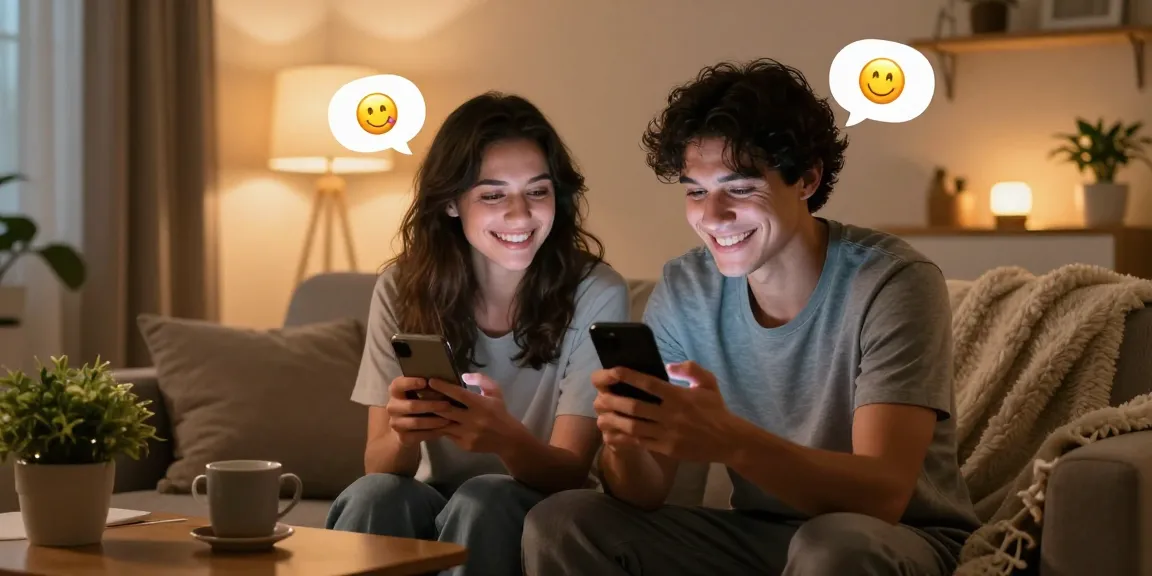 Couple enjoying sexting AI conversations in a cozy living room space.