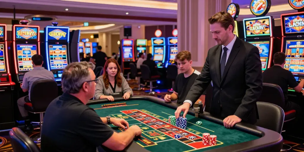 Players celebrating jackpots at a Lucky777 casino with colorful slot machines.