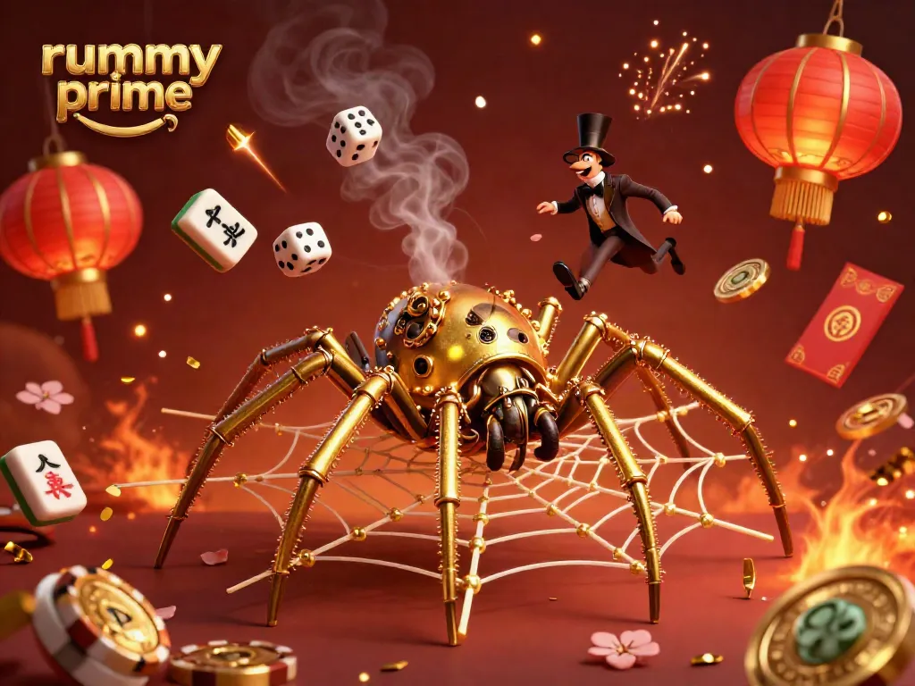 Engage with rummy prime through a vibrant, whimsical steampunk-themed illustration featuring an extravagant golden spider and immersive gaming elements.