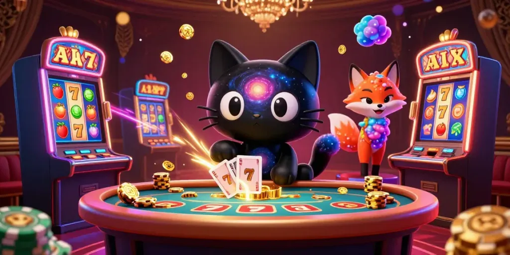 Menyaksikan situs slot yang menarik dengan kucing hitam bermuatan galaksi dan rubah nebula menarik chip emas dan kartu.