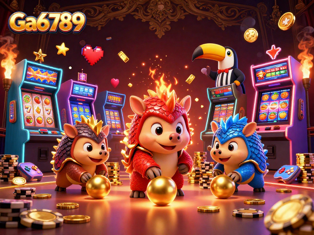 Engage in thrilling gameplay at Ga6789 with dynamic pangolins competing amid slot machines and poker chips.