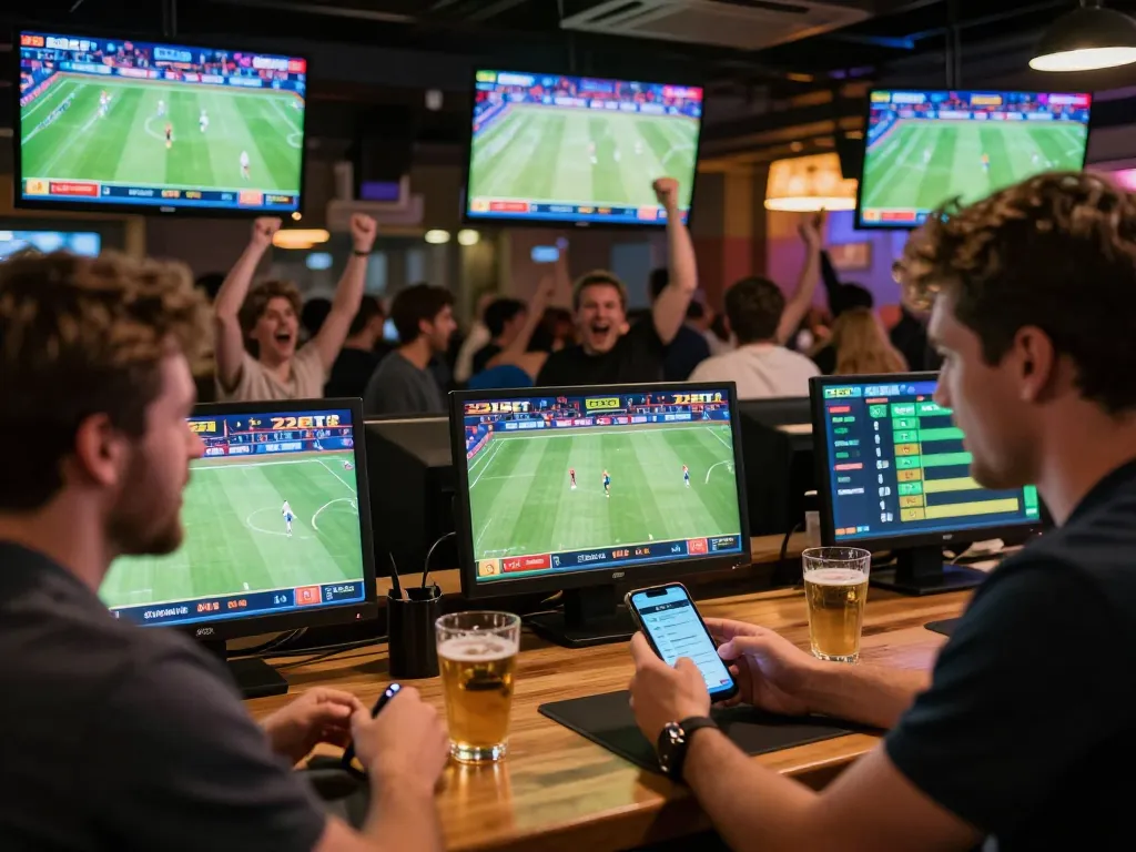 Engaged sports bettor using mobile app for thể thao 22bet, surrounded by lively sports bar atmosphere, multiple screens showing games.
