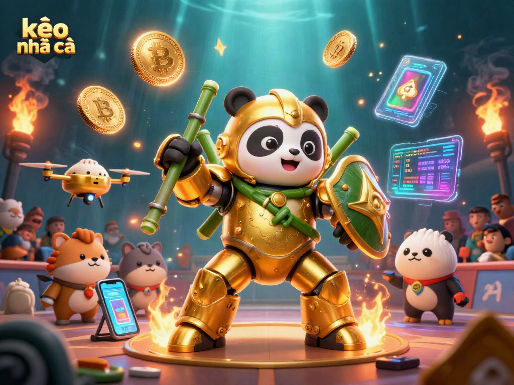 Engage with kèo nhà cái strategies in a vibrant 3D casino scene featuring a golden mech-suit panda.