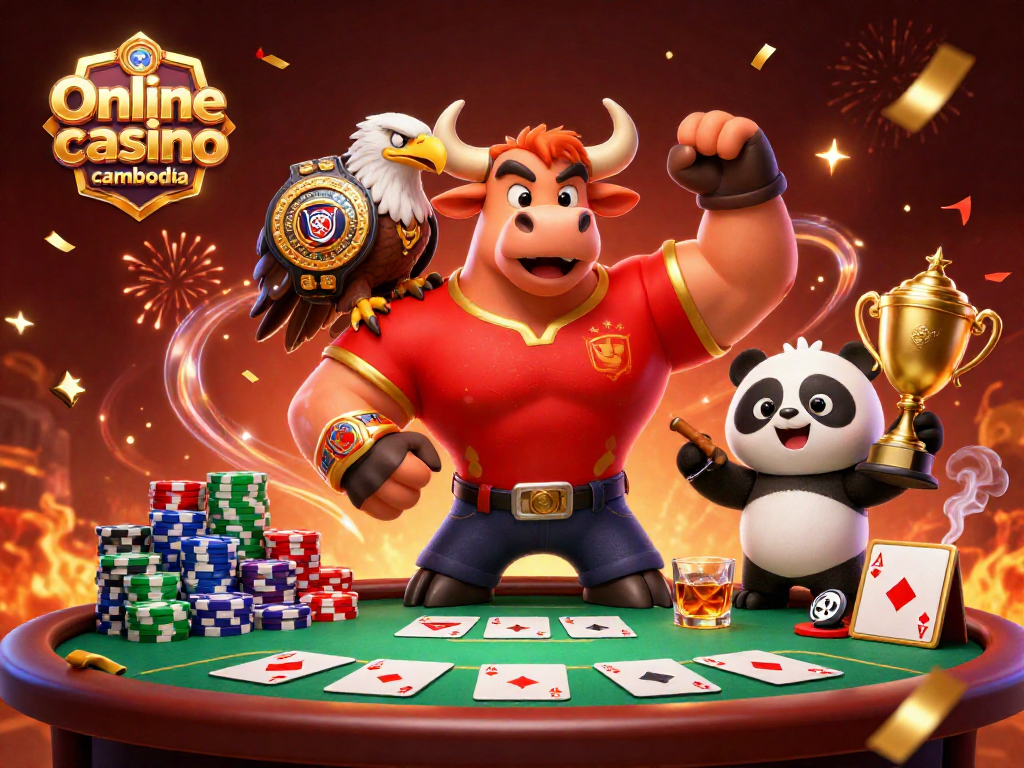 Win big at Online casino cambodia with a vibrant gaming experience illustrated by a victorious bull, eagle, and panda.