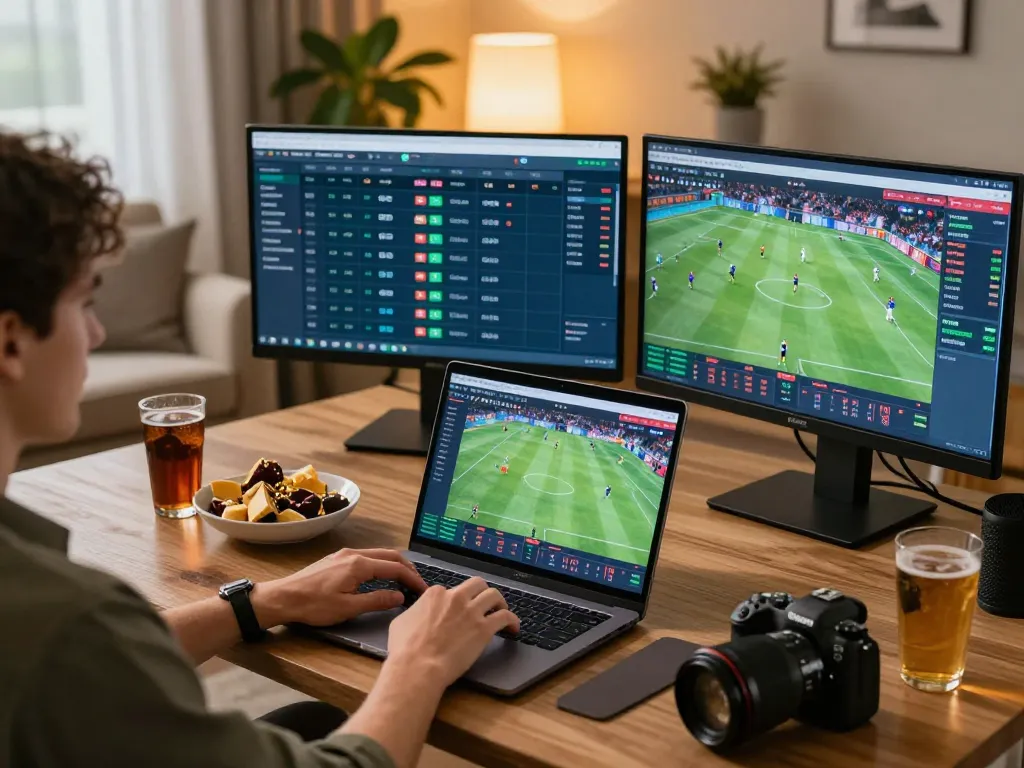 Engaging moment of placing sports bets at home using hm88 bet platform on a laptop in a cozy environment